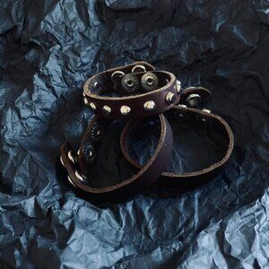 Set of 3 JAKIMAC Brown Leather Silver Metal Studded Bracelet Goth Punk